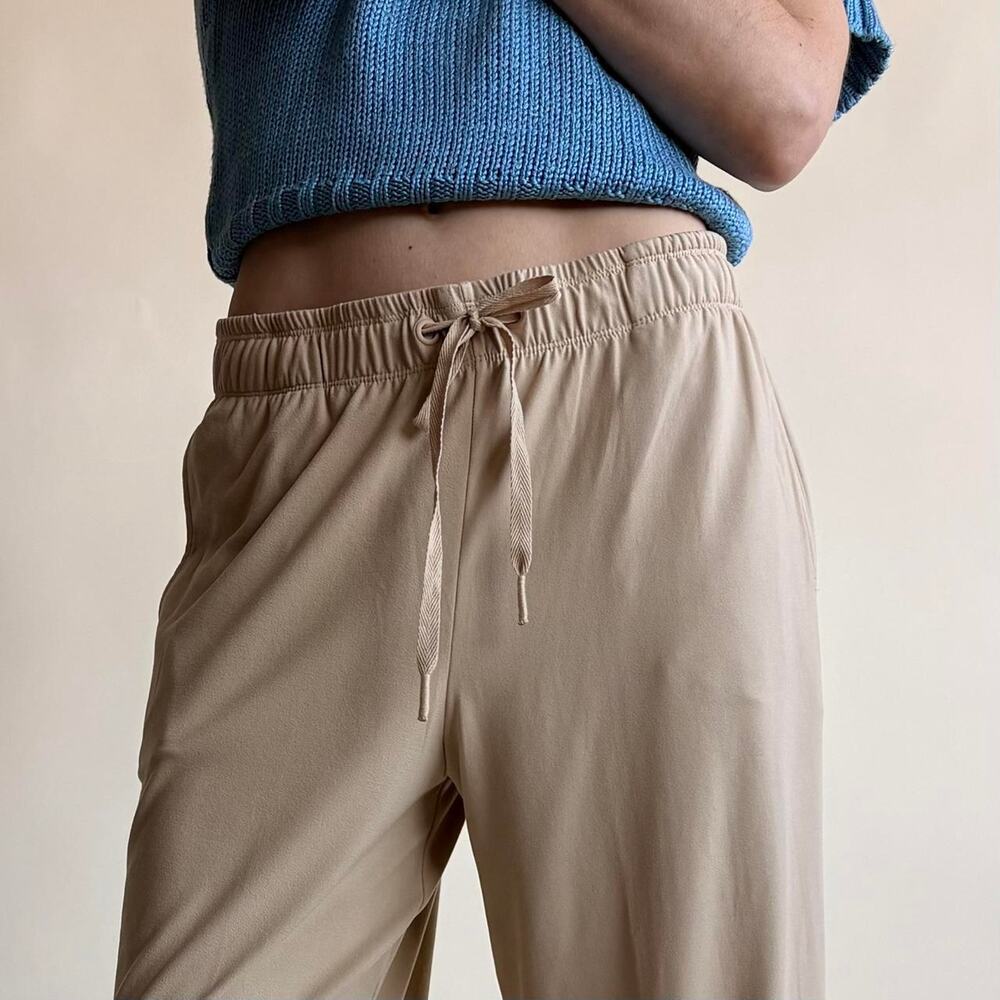 Tan Wide Leg Lounge Pants - Drawstring Waist, Ankle Slits, Size XS - Picture 2 of 6